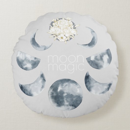 Moon Magic Moon Phase & Floral Pattern Rond Kussen (Voorkant)