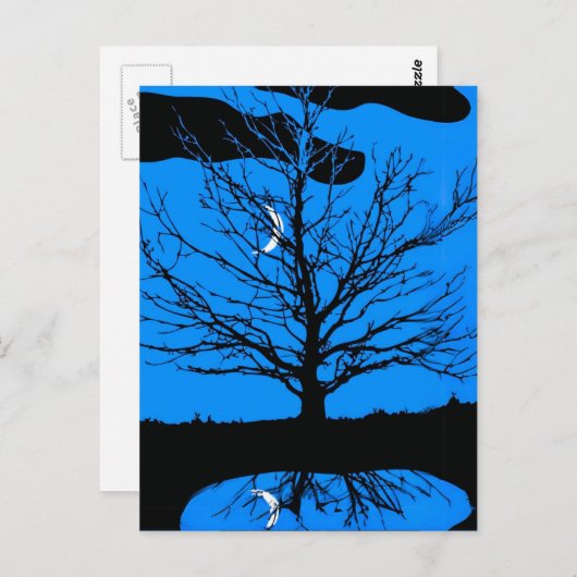 Moon met boom, kobalt blauw, zwart en wit briefkaart (Voorkant / Achterkant)
