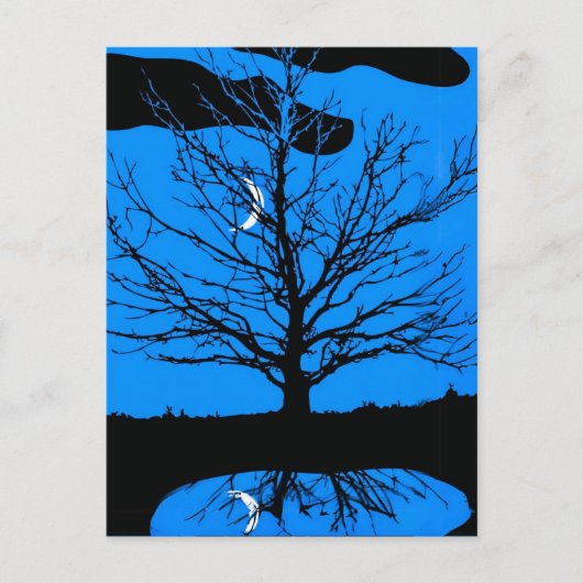 Moon met boom, kobalt blauw, zwart en wit briefkaart (Voorkant)