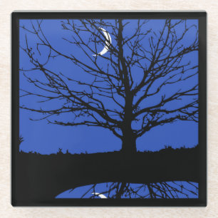 Moon met boom, kobalt blauw, zwart en wit glazen onderzetter