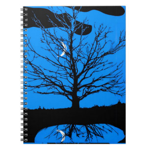 Moon met boom, kobalt blauw, zwart en wit notitieboek