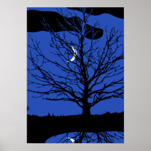 Moon met boom, kobalt blauw, zwart en wit poster