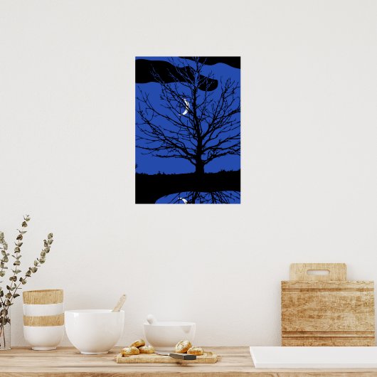 Moon met boom, kobalt blauw, zwart en wit poster (Keuken)