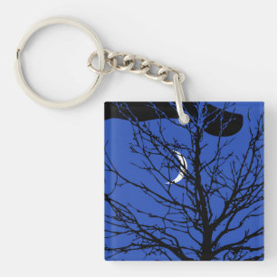 Moon met boom, kobalt blauw, zwart en wit sleutelhanger