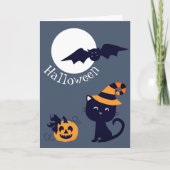 Moon met vleermuispompoen en kat met een heks Pet Kaart (Voorkant)