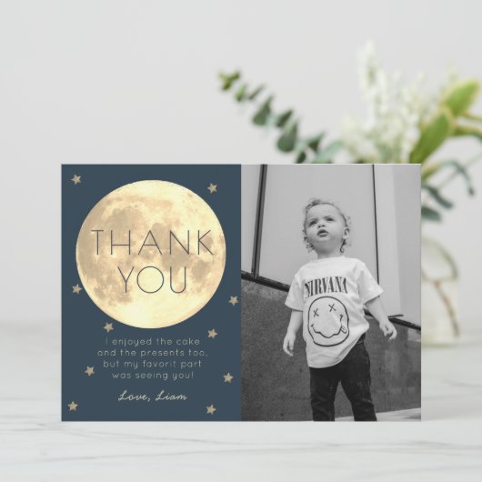 Moon Navy Blue Boy Foto Verjaardag Dankjewel Kaart (Staand voorkant)