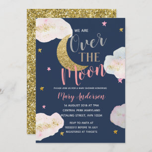 Moon Navy Blue en Gold Baby shower Kaart