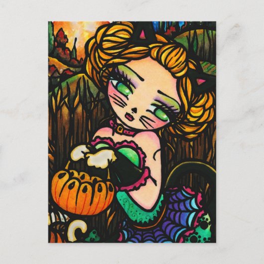 Moon Night Halloween Kitty Cat Girl Fantasy Art Briefkaart (Voorkant)