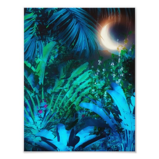Moon Night Tropical Oerwoud blauw Foto Afdruk (Voorkant)