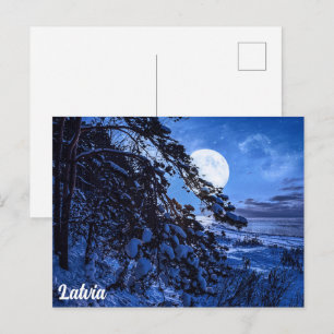 Moon over de sneeuwvloerboom en de kust van het ze feestdagenkaart