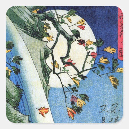 Moon over een waterval, Hiroshige, Ukiyo-e Vierkante Sticker (Voorkant)