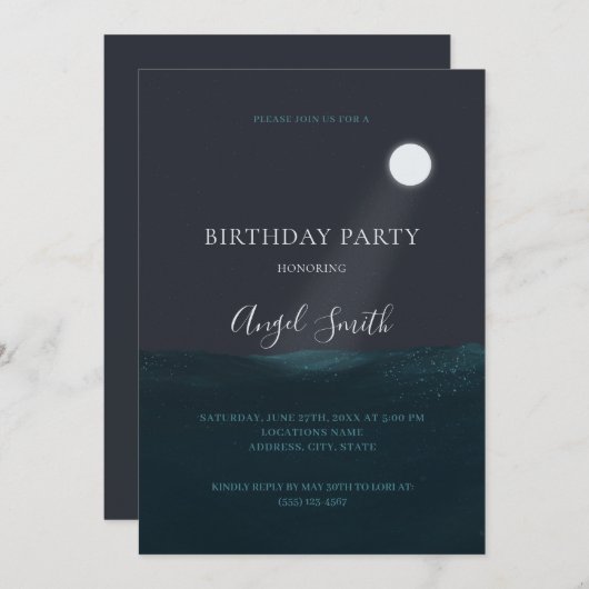 Moon over Ocean Birthday Party Invitation Kaart (Voorkant / Achterkant)
