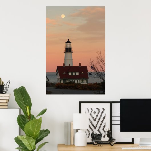 Moon over Portland Head vuurtoren Poster (Thuiskantoor)