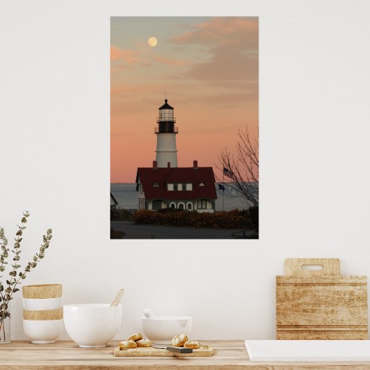 Moon over Portland Head vuurtoren Poster (Keuken)