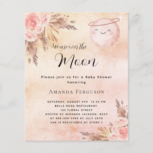Moon pampas blush budget baby shower uitnodiging (Voorkant)
