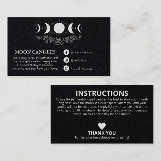 Moon Phase Candle Spell Visitekaartje (Voorkant / Achterkant)