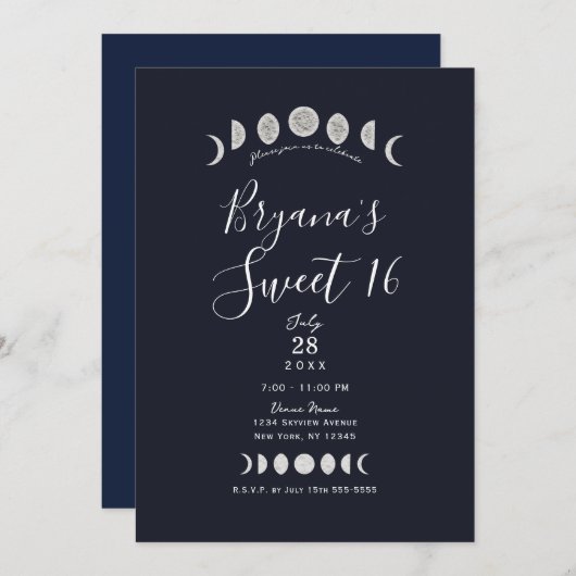 Moon Phases Blue Astrology Celestial Sweet 16 Kaart (Voorkant / Achterkant)