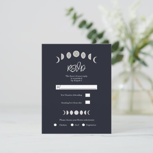 Moon Phases Blue Astrology Celestial Wedding RSVP Kaart (Staand voorkant)