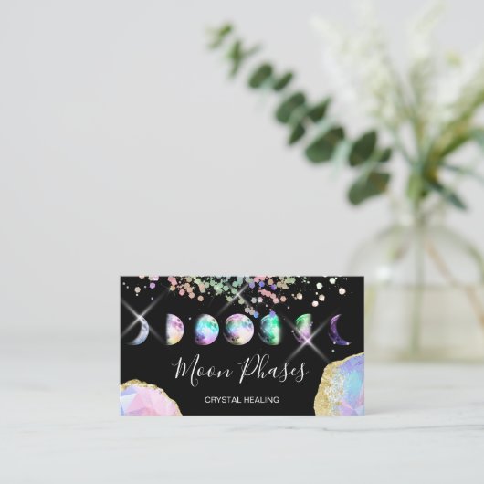 Moon Phases Crystal Gem Healing Holografen Busines Visitekaartje (Staand voorkant)