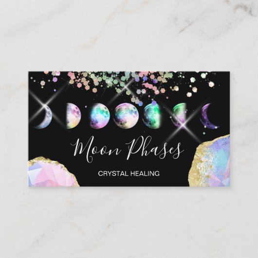 Moon Phases Crystal Gem Healing Holografen Busines Visitekaartje (Voorkant)