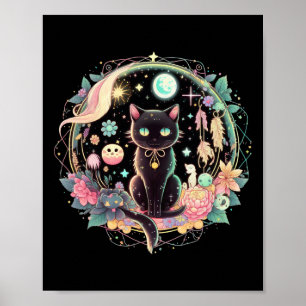 Moon Phases Crystal Witchy Schattig Zwart Kat Kawa Poster