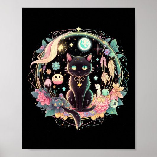 Moon Phases Crystal Witchy Schattig Zwart Kat Kawa Poster (Voorkant)