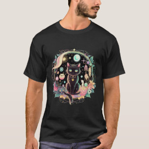 Moon Phases Crystal Witchy Schattig Zwart Kat Kawa T-shirt