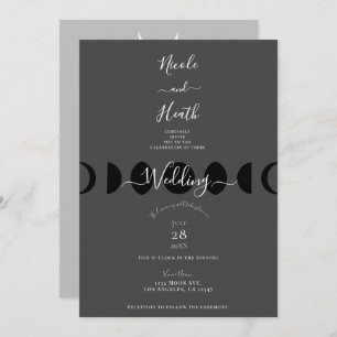Moon Phases Cycles Black Grey & White Wedding Kaart