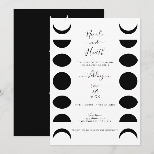Moon Phases Cycles Black & White Wedding Kaart (Voorkant / Achterkant)
