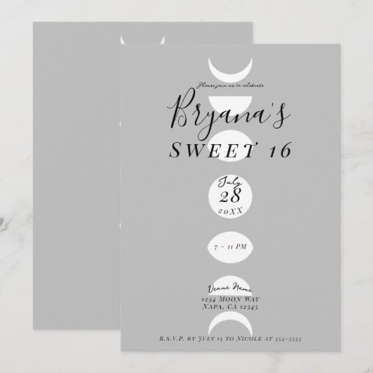 Moon Phases Cycles Gray & White Sweet 16 Kaart (Voorkant / Achterkant)