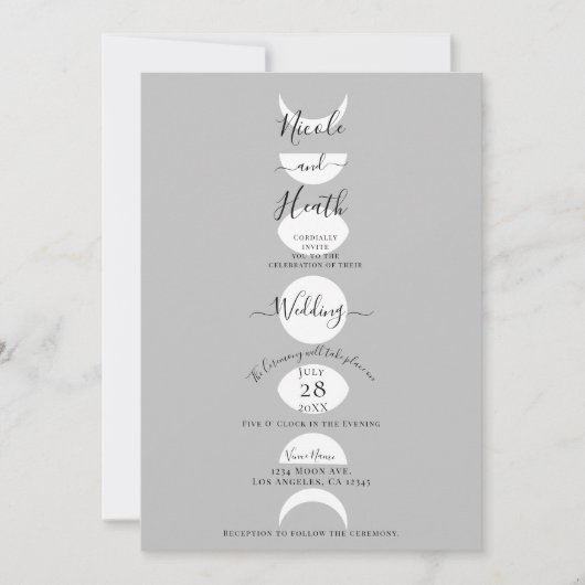 Moon Phases Cycles Silver Grey & White Wedding Kaart (Voorkant)