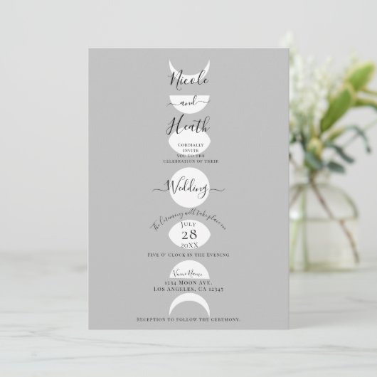Moon Phases Cycles Silver Grey & White Wedding Kaart (Staand voorkant)