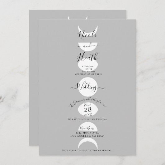Moon Phases Cycles Silver Grey & White Wedding Kaart (Voorkant / Achterkant)