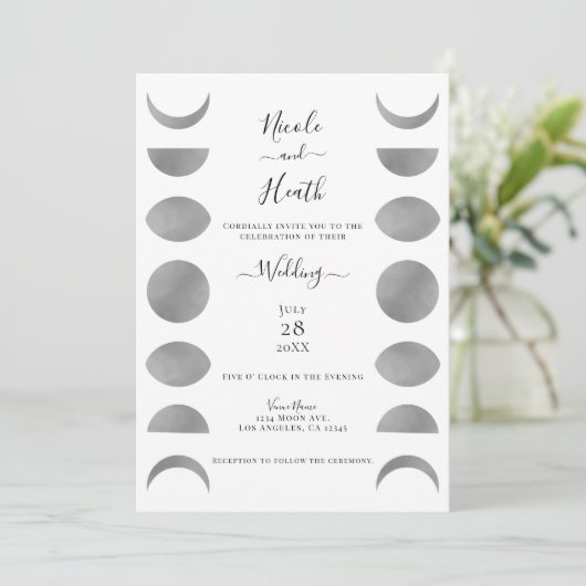 Moon Phases Cycles Silver Grey & White Wedding Kaart (Staand voorkant)