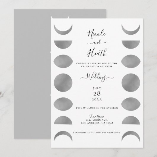 Moon Phases Cycles Silver Grey & White Wedding Kaart (Voorkant / Achterkant)