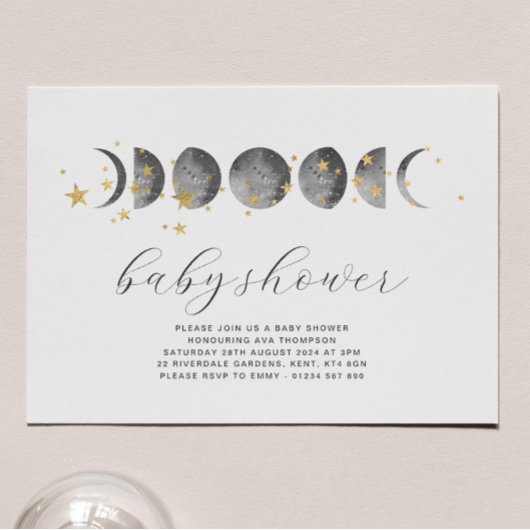 Moon Phases Gold Stars Baby shower Uitnodiging