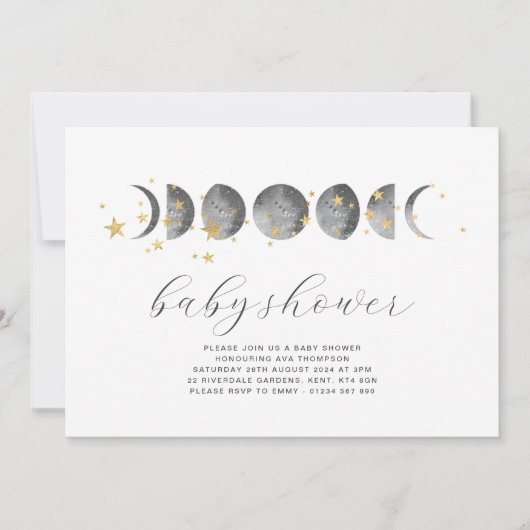 Moon Phases Gold Stars Baby shower Uitnodiging (Voorkant)