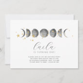 Moon Phases Gold Stars Birthday Invitation Kaart (Voorkant)