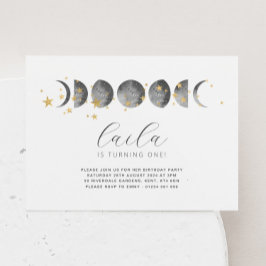 Moon Phases Gold Stars Birthday Invitation Kaart