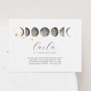 Moon Phases Gold Stars Birthday Invitation Kaart