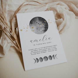 Moon Phases Gold Stars Birthday Invitation Kaart