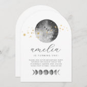 Moon Phases Gold Stars Birthday Invitation Kaart (Voorkant / Achterkant)