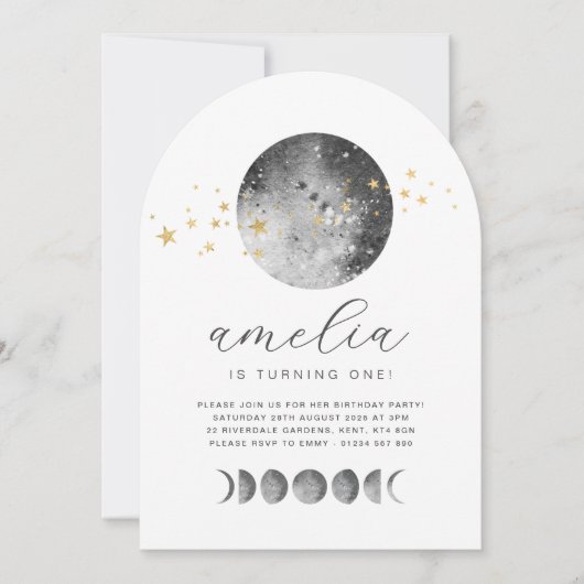 Moon Phases Gold Stars Birthday Invitation Kaart (Voorkant)