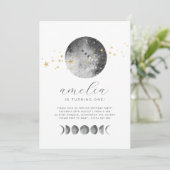 Moon Phases Gold Stars Photo Birthday Invitation Kaart (Staand voorkant)