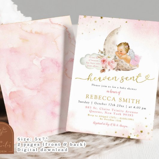 Moon Pink Boho Blonde Girl Angel Baby shower Kaart