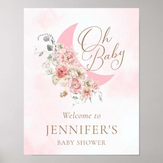 Moon Pink Girl Baby shower Welkom Poster (Voorkant)