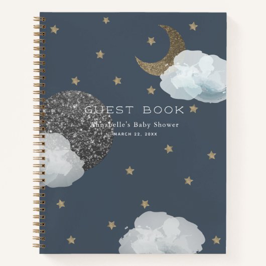 Moon Planet Star Cloud Navy Baby shower Guest Book Notitieboek (Voorkant)