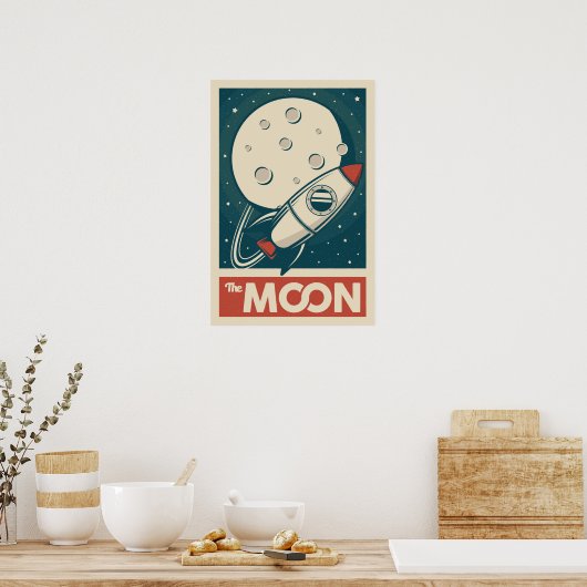 Moon Retro Galaxy Rocket Poster (Keuken)