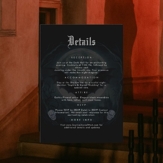 Moon Skull Bats Gothic Wedding Zwart Details Informatiekaartje