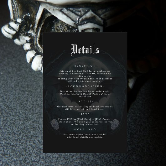 Moon Skull Bats Gothic Wedding Zwart Details Informatiekaartje